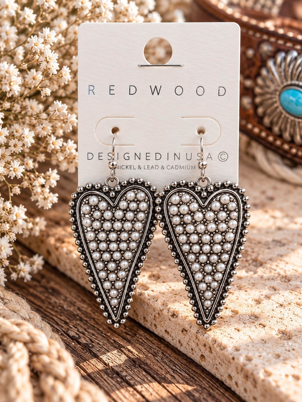 Redwood Pearl Inset Silver Tone Heart Drop Earrings